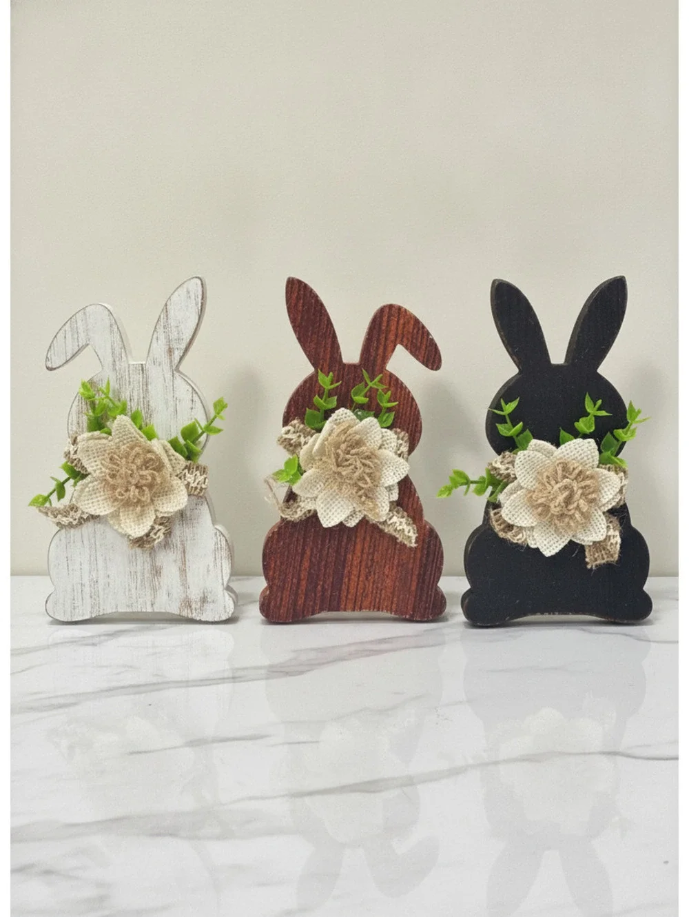 Set of 3 Rustic Wooden Bunny Decorations with Burlap Flowers and Greenery - Farm